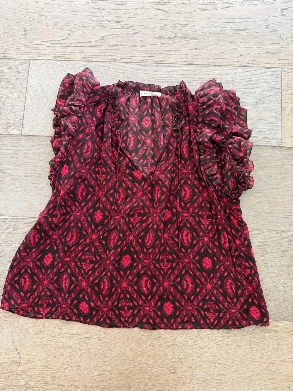 Ulla Johnson Black and Red Geometric Ruffle Sleeve V-Neck Blouse
